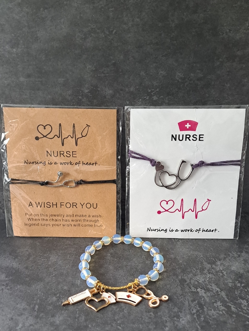 Nurse Stethoscope Charm Bracelet and Cord Jewelry Set - Blue